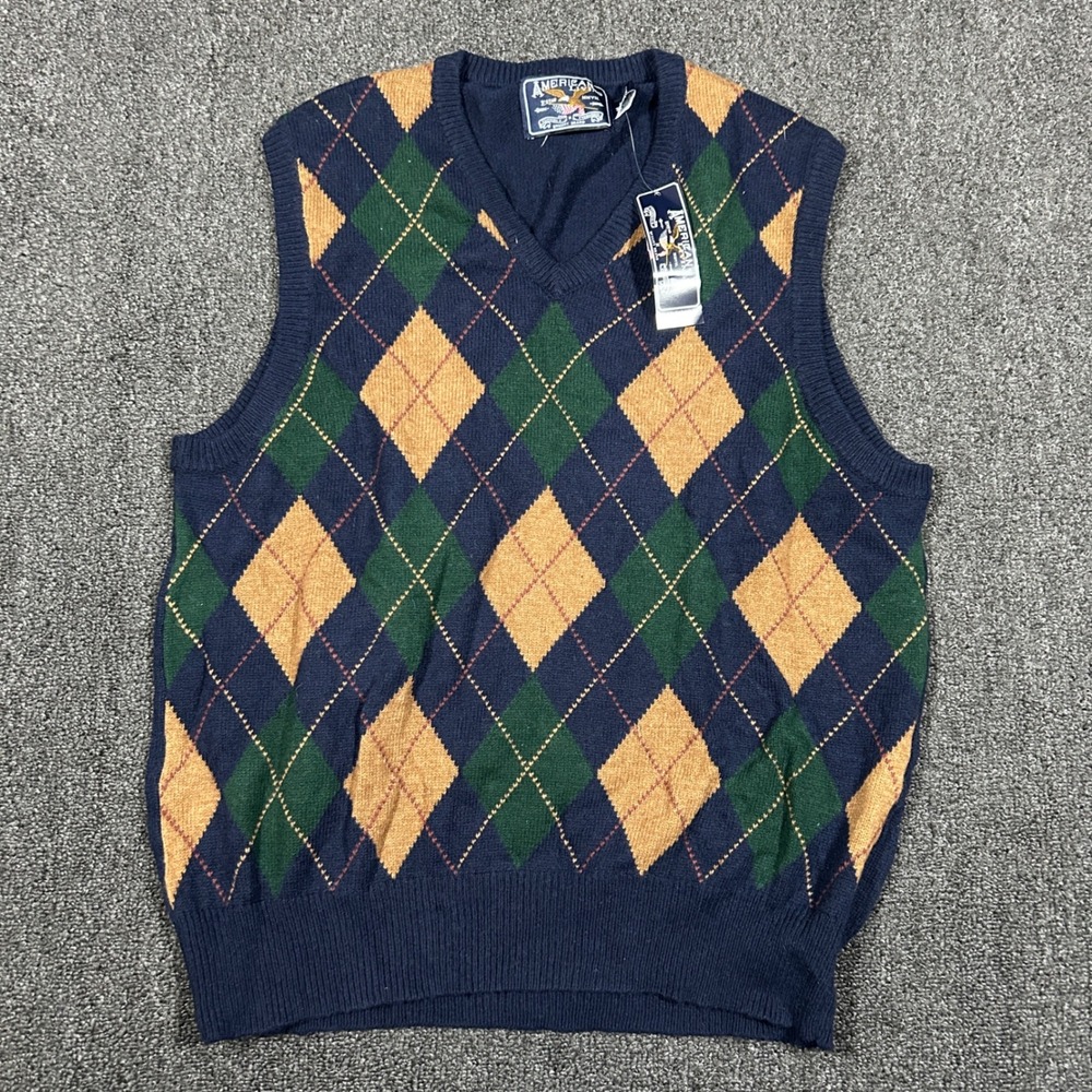 American Living Argyle Sweater Vest Mens Medium Navy Blue NWT Cotton Merino Wool